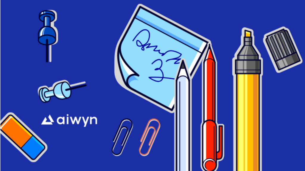 Aiwyn logo and illustration featuring stationery items like pushpins, a notepad, pens, and a highlighter on a blue background.