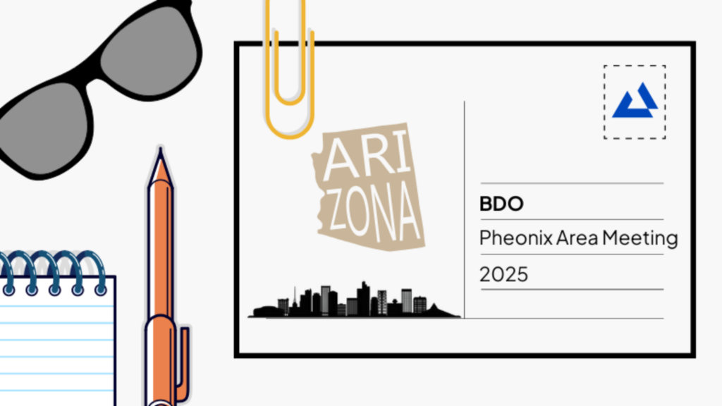 BDO Phoenix Area Meeting postcard graphic featuring Arizona branding, a skyline, and office supplies.