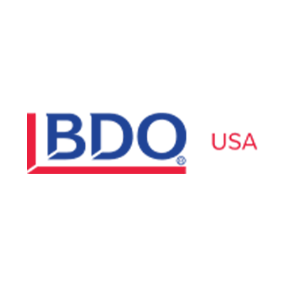 BDO USA logo featuring blue letters 'BDO' framed in red with the word 'USA' in red on a white background.