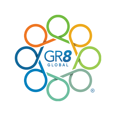 GR8 Global logo featuring a multicolored looping ribbon design and blue text spelling 'GR8 GLOBAL' on a white background.