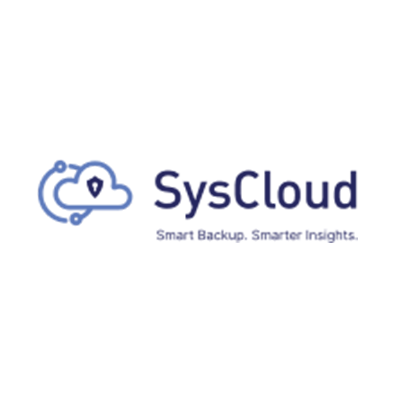 SysCloud logo featuring blue text, a tagline, and a cloud security icon on a white background.