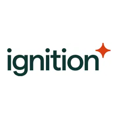 Ignition logo featuring dark green text and an orange sparkle icon on a white background.