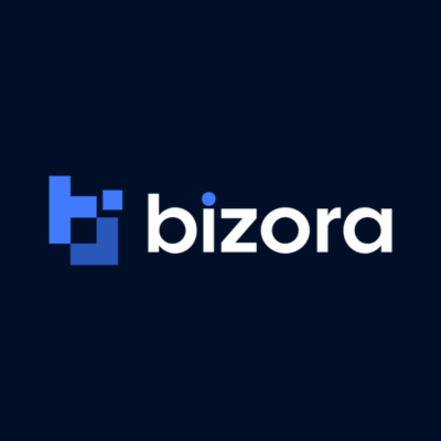 Bizora logo featuring white text and a blue pixelated geometric icon on a dark blue background.