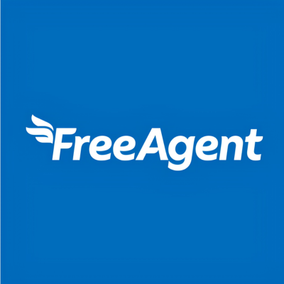 FreeAgent logo featuring a white winged letter 'F' icon on a blue background.