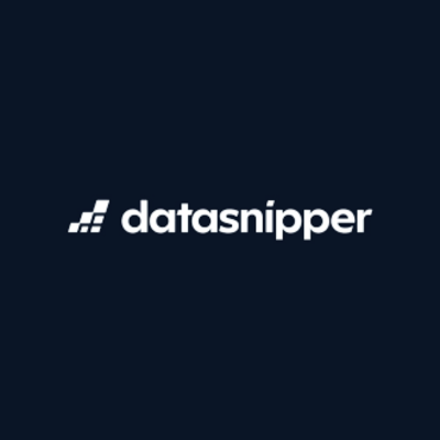 DataSnipper logo featuring white text and a pixelated block icon on a dark navy blue background.