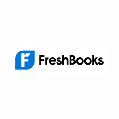 FreshBooks logo featuring black text and a blue icon with a white 'F' on a white background.