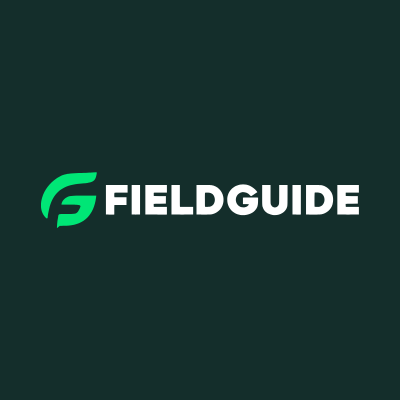 Fieldguide logo featuring white text and a green letter 'F' icon on a dark green background.