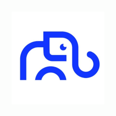 Elephant logo featuring a blue minimalist elephant outline icon on a white background.