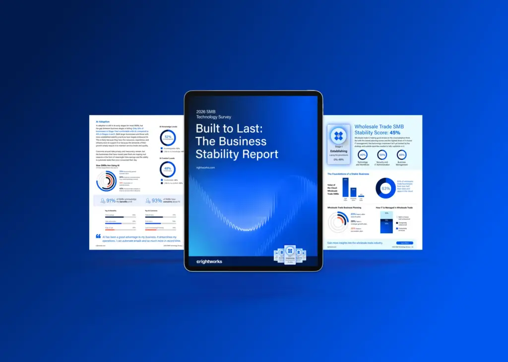 Mockup of the 2026 SMB Technology Survey: Built to Last: The Business Stability Report by Rightworks displayed on a tablet.