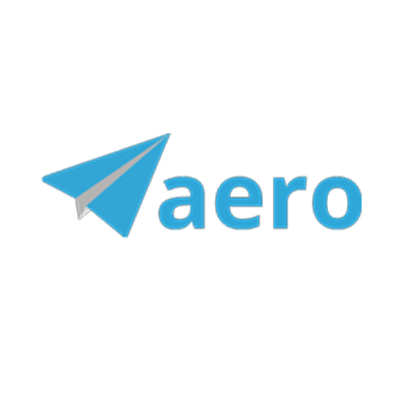 Aero logo featuring a blue paper airplane icon and blue lowercase text on a white background.