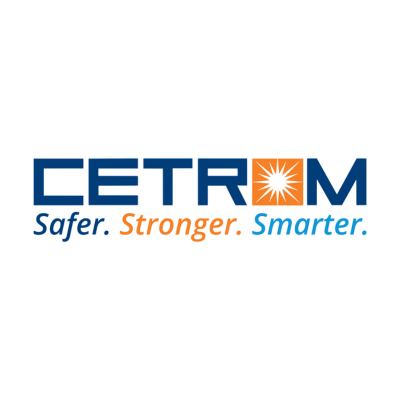 Cetrom logo featuring white uppercase text with an orange square containing a white sunburst for the letter 'O' on a black background.