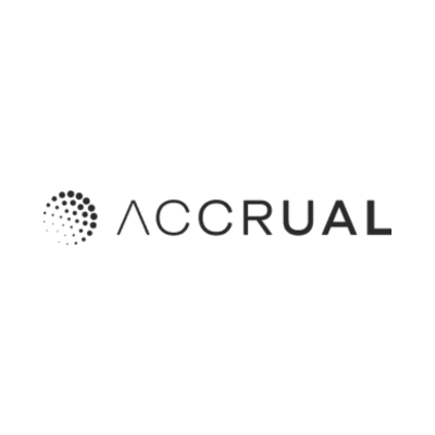 Accrual logo featuring dark grey text and a dotted circular graphic icon on a white background.