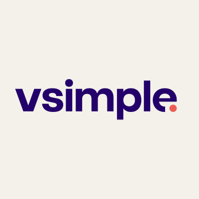 vsimple logo featuring white text and a circled 'V' icon on a dark background.