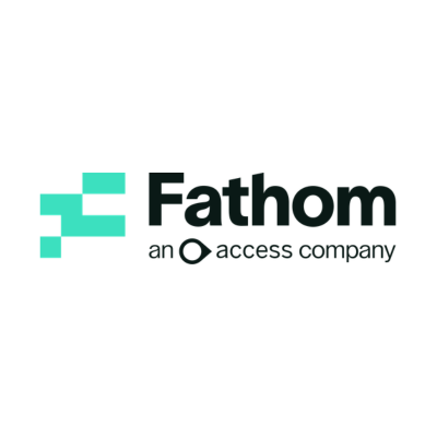 Fathom logo featuring a teal pixelated letter 'F' icon on a dark background.