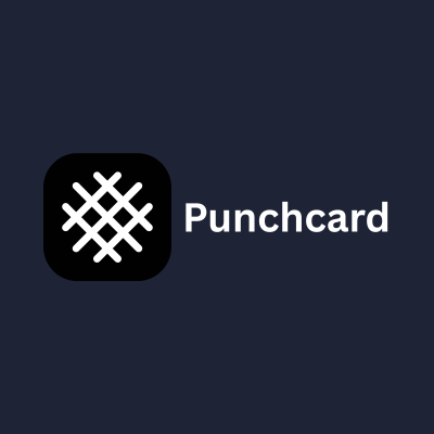 : Punchcard logo featuring white typography and a grid-patterned icon on a dark background.