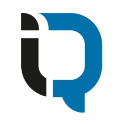 IQ Back Office logo featuring a stylized 'IQ' monogram with a black left side and blue right side.