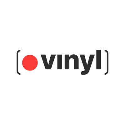 Vinyl logo featuring dark grey text, a red dot, and bracket symbols on a white background.