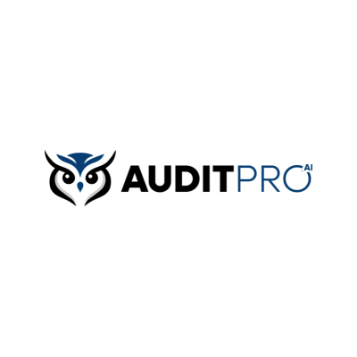 AuditPro AI logo featuring black and blue text and an owl icon on a white background.