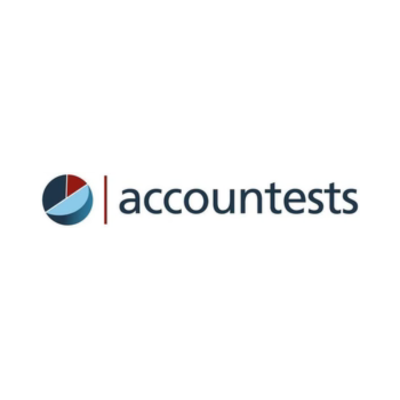 Accountests logo featuring dark blue text and a pie chart icon on a white background.