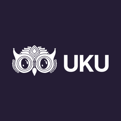 UKU logo featuring white typography and an ornate owl graphic on a dark background.