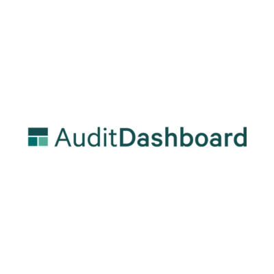 AuditDashboard logo featuring dark teal text and a multi-toned teal square icon on a white background.