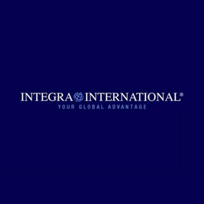 Integra International logo featuring white uppercase brand text, a globe icon, and the tagline 'Your Global Advantage' on a dark background.