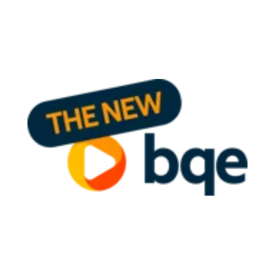 BQE logo featuring a dark blue and orange icon and text with a 'THE NEW' banner on a white background.