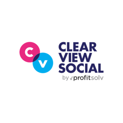Clear View Social logo featuring overlapping pink and blue circles with 'CV', dark blue text, and the 'profitsolv' brand name on a white background.