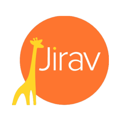 Jirav logo featuring white text and a yellow giraffe icon on an orange circular background.