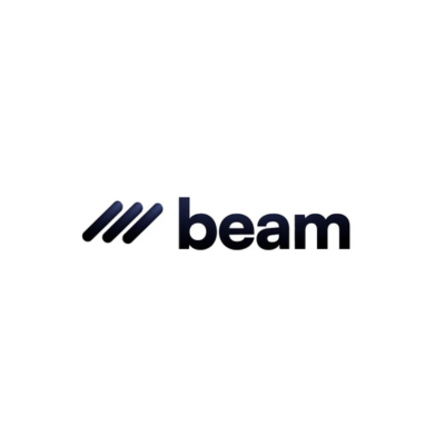 Beam logo featuring dark blue typography and three diagonal lines on a white background.