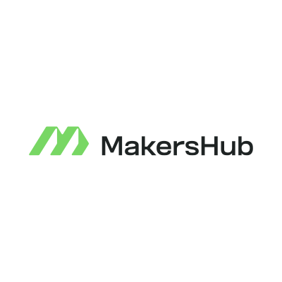 MakersHub logo featuring a green stylized 'M' icon and dark gray typography on a white background.