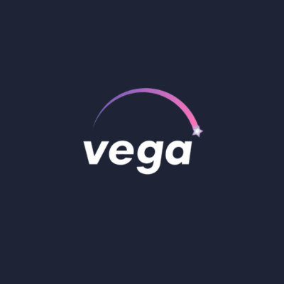 Vega AiOS logo featuring white lowercase text with a purple-to-pink gradient arch and star icon on a dark blue background.