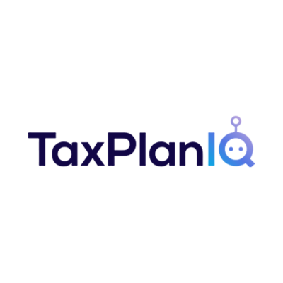 TaxPlanIQ logo featuring dark blue text and a robotic icon on a white background.