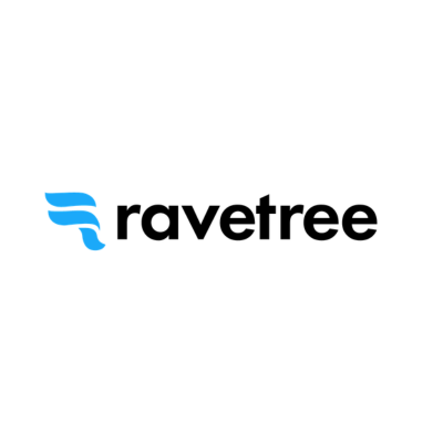 : Ravetree logo featuring blue abstract wave graphics and black lowercase typography on a white background.