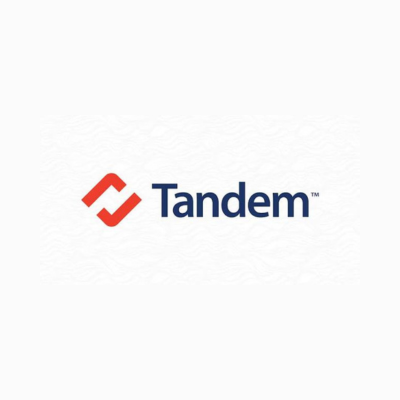 Tandem logo featuring orange abstract geometric shapes and blue typography on a textured white background.