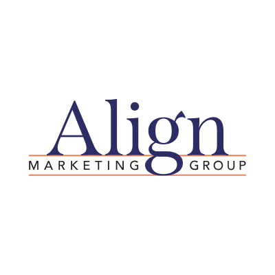 Align Marketing Group logo featuring dark blue serif text, horizontal orange lines, and uppercase lettering on a white background.