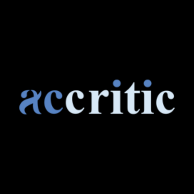 Accritic logo featuring light blue and white lowercase serif text with distinct blue dot accents on a black background.