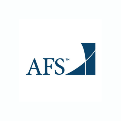AFS logo featuring dark blue serif text 'AFS' and a geometric abstract shape with a curved line on a white background.
