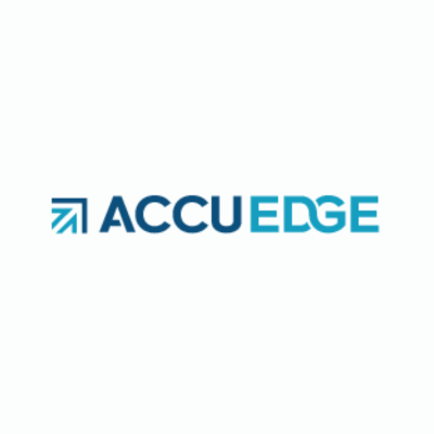 AccuEdge logo featuring dark blue and light blue uppercase text and an arrow icon on a white background.