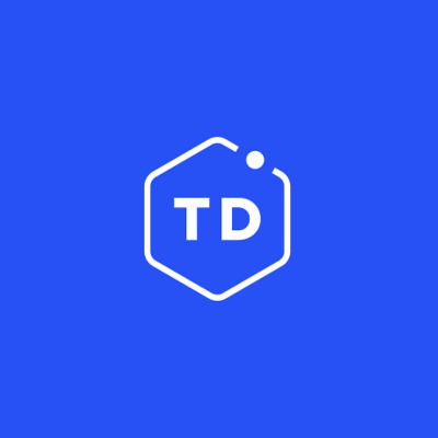TaxDome logo featuring a white hexagonal outline, letters 'TD', and a small dot on a blue background.