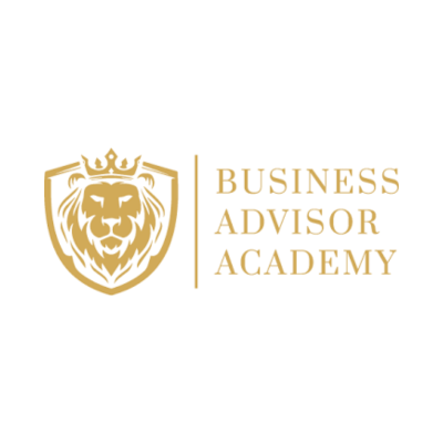 Business Advisor Academy logo featuring a gold shield with a lion and crown icon, a vertical divider, and gold uppercase text on a white background.