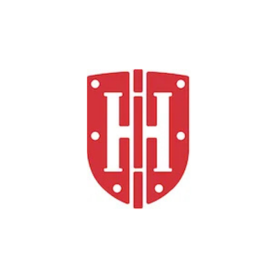 Hinge Marketing logo featuring a red shield emblem with a stylized 'H' and rivet details on a white background.