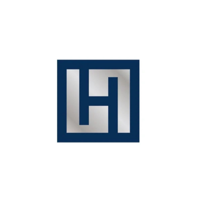 Harshwal Advisory LLC logo featuring a dark blue square frame enclosing a stylized silver 'H' monogram on a white background.