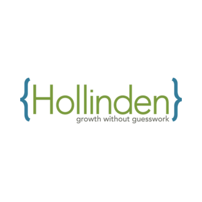 Hollinden logo featuring green text enclosed in blue curly braces with the tagline 'growth without guesswork' on a white background.