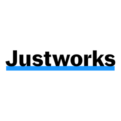 Justworks logo featuring bold black text underscored by a vibrant blue line.
