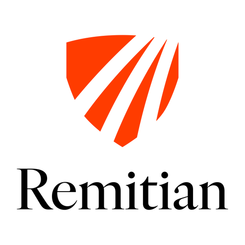 Remitian brand logo featuring an orange shield with white diagonal stripes above the black text Remitian on a white background.